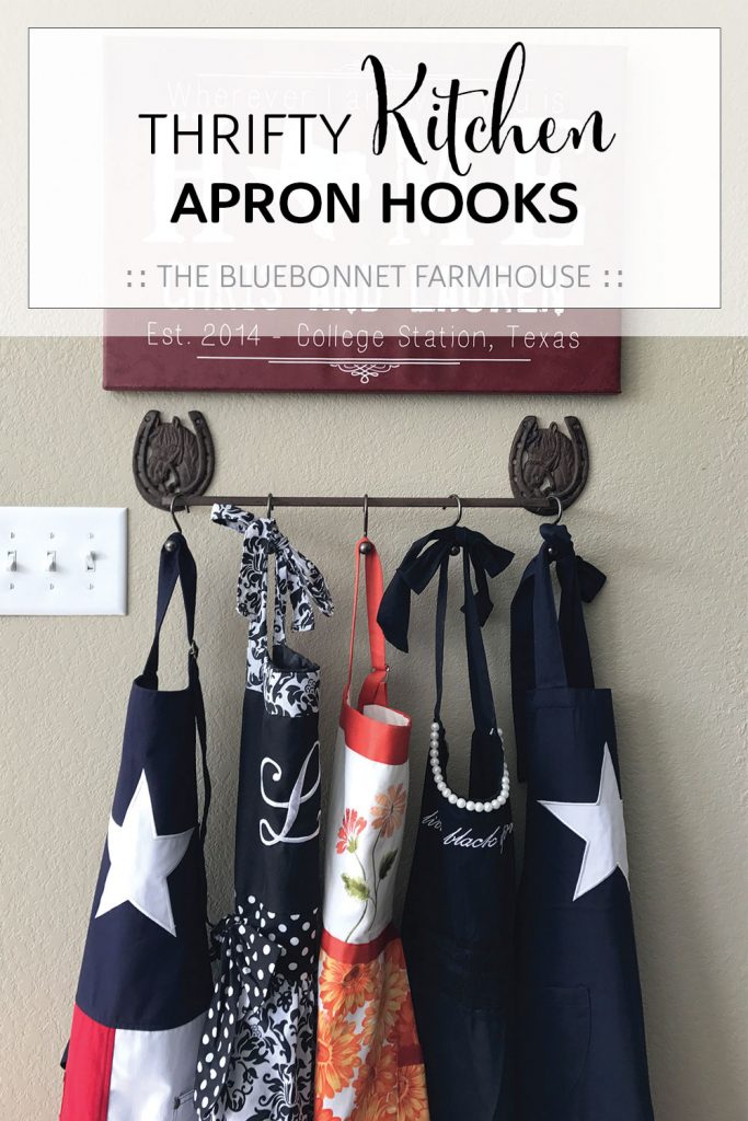 thrifty kitchen apron hooks, how to store kitchen aprons, how to hang kitchen aprons, farmhouse kitchen decor