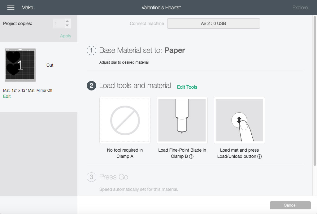 select settings to cut in cricut design space