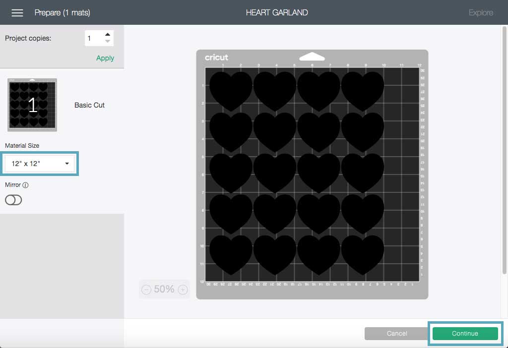 computer screenshot of Cricut Design Space mat size and layout