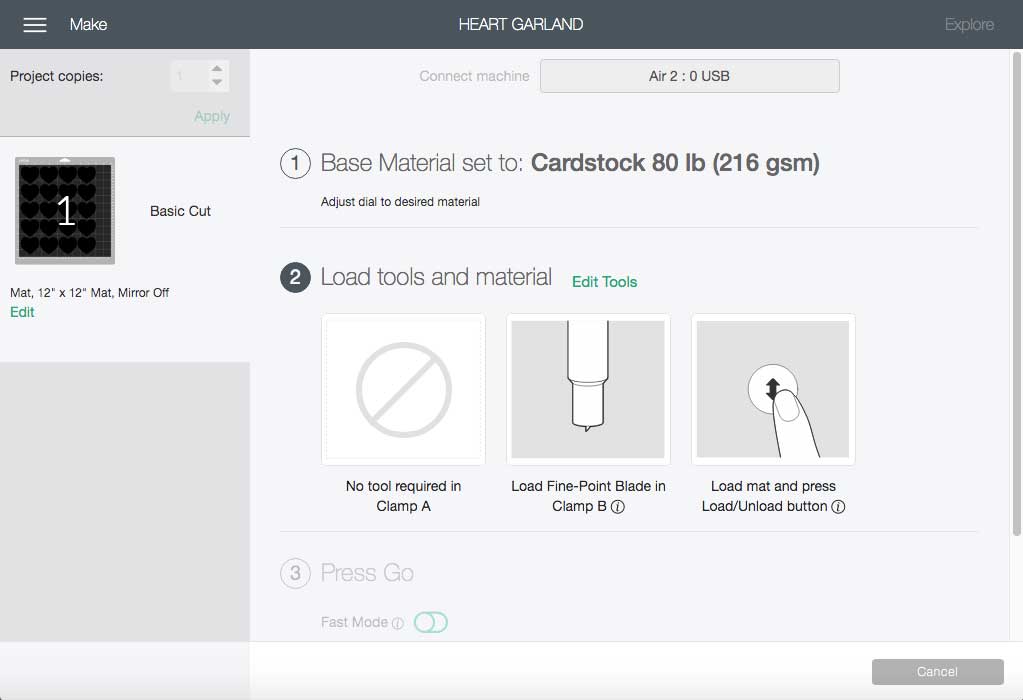 computer screenshot of Cricut Design Space machine settings