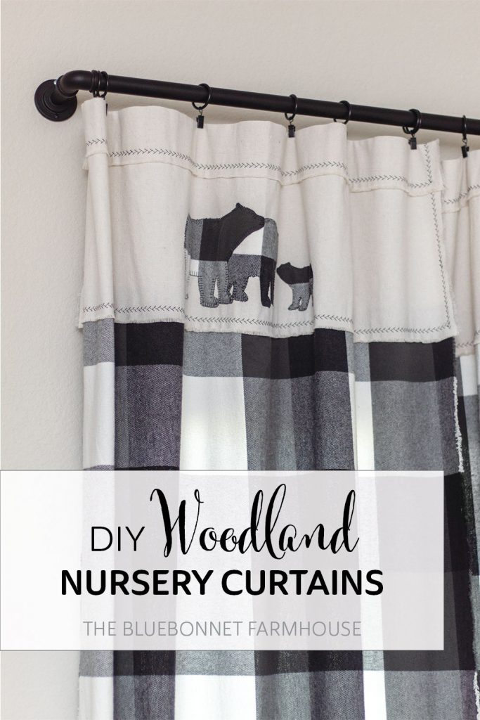 woodland nursery curtains made of black and white buffalo check flannel, drop cloth, and black bear appliques (mama, papa, and baby bears)