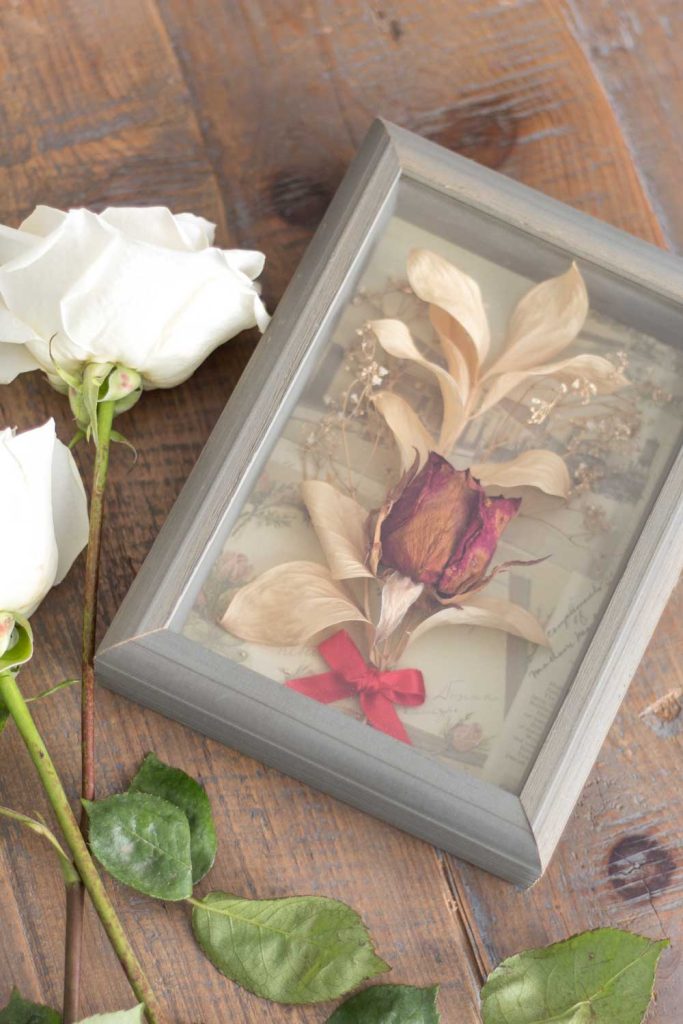 diy dried red rose flower shadow box on a farmhouse table with fresh white roses