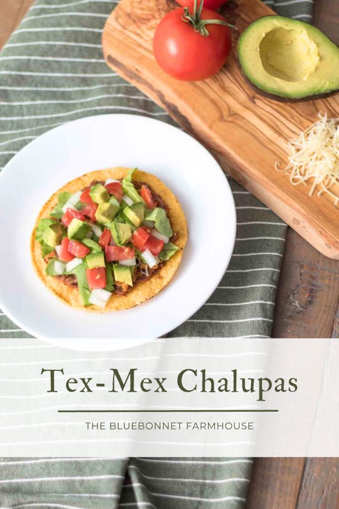 text reads "tex-mex chalupas." Tostada shell topped with refried beans, shredded cheese, lettuce, tomato, onion, and avocado on a white plate next to a wood cutting board and green and white striped fabric