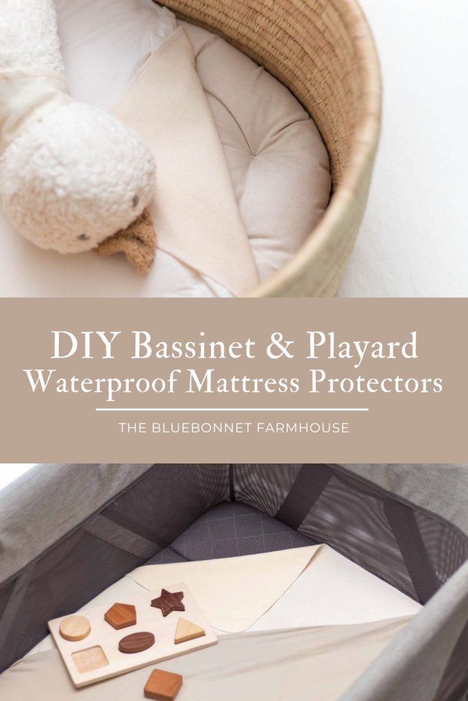 moses basket bassinet and baby playard with mattress protector and sheet turned down in one corner. text reads "diy bassinet and playard waterproof mattress protectors"