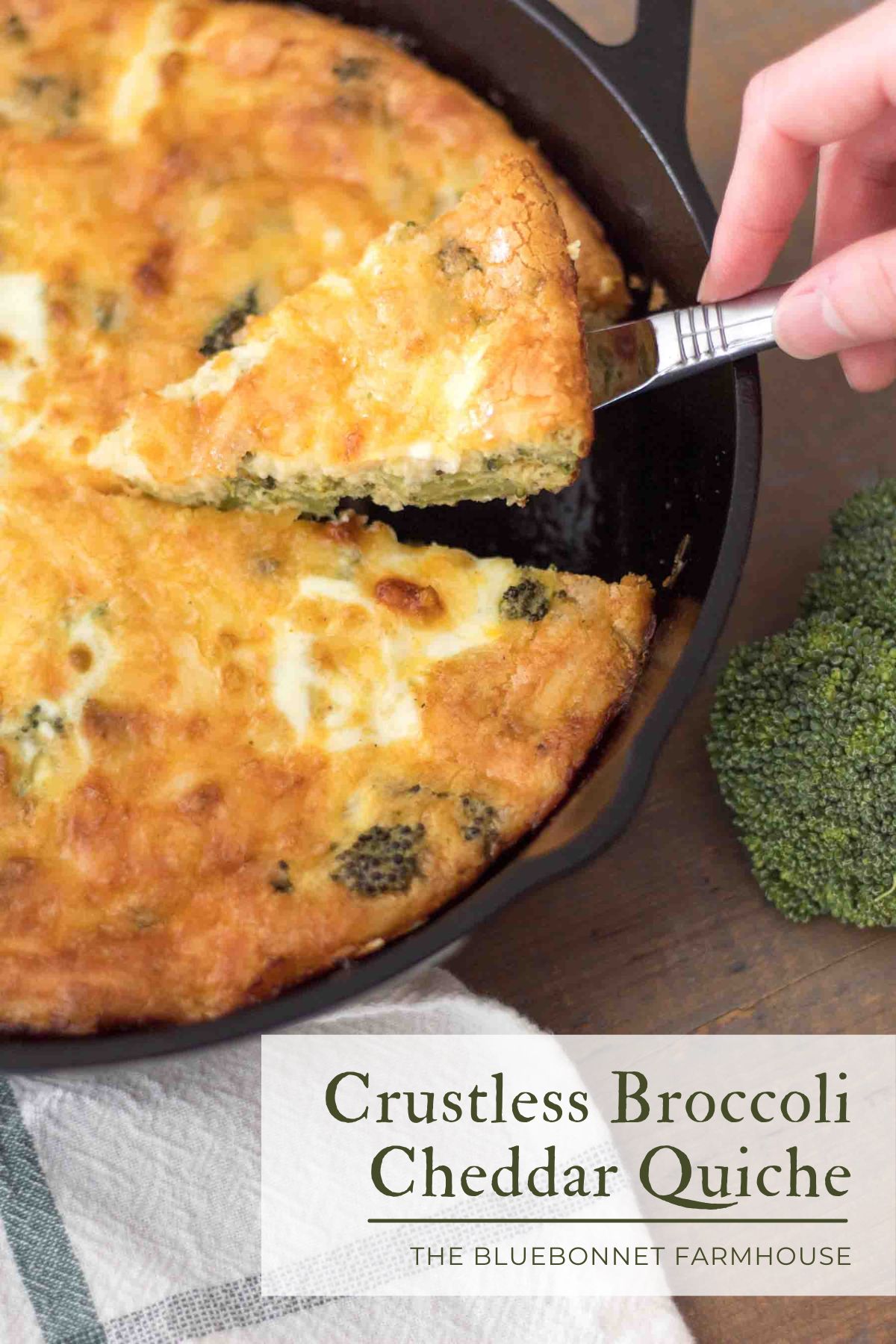 slice of broccoli cheese crustless quiche being served out of a cast iron skillet. text reads "crustless broccoli cheddar quiche"