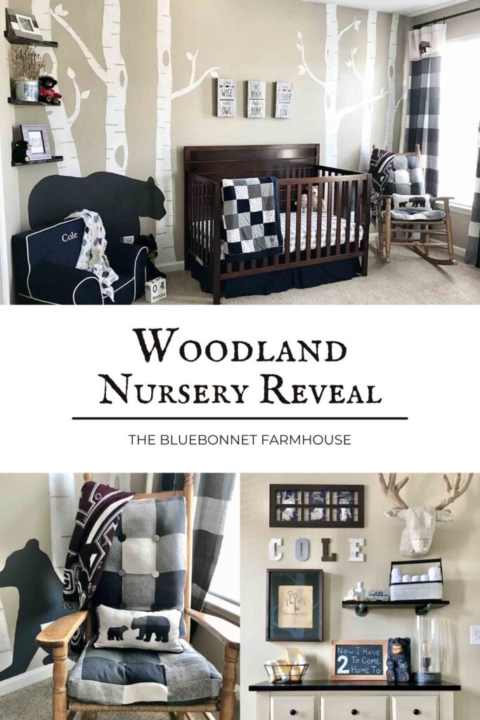 pinterest image for our woodland nursery reveal full of budget-friendly DIYs with images of the crib wall, reading corner, nursing nook, family heirloom rocking chair, gallery wall, and painted accent wall.