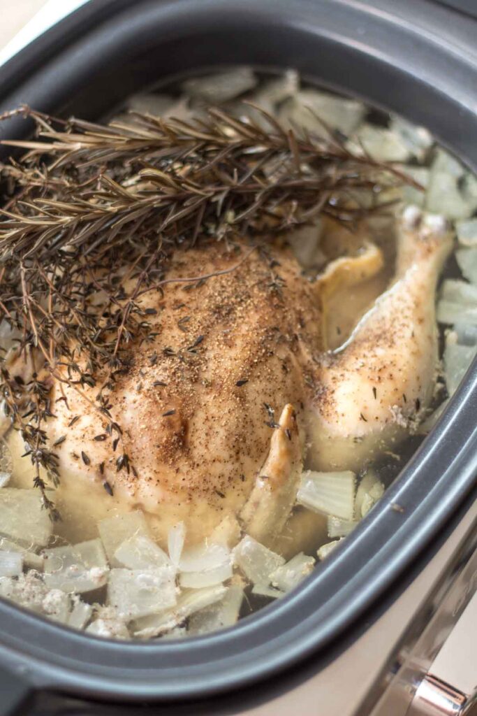 fully slow cooked whole chicken with salt and pepper sprinkled skin and sprigs of rosemary and thyme on top. the chicken is sitting in fresh homemade chicken broth and roughly chopped onions inside of a slow cooker