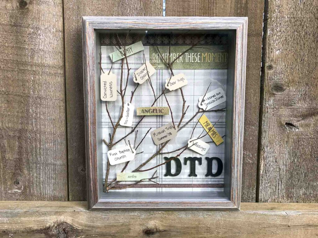 diy tree branch shadow box with paper tags in the twigs with memories written on them, painted black wooden letter initials "DTD", and a neutral plaid paper background.