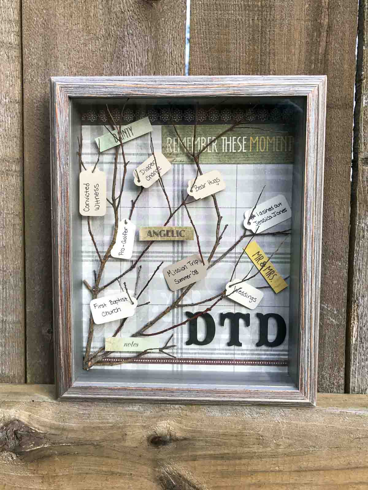 diy tree branch shadow box with paper tags in the twigs with memories written on them, painted black wooden letter initials "DTD", text reads "remember these moments", and a neutral plaid paper background. shadow box is sitting on a wood privacy fence