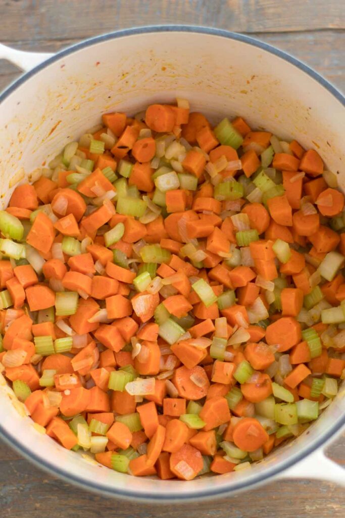 chopped carrots, celery, and onion sautéed in a cast iron dutch oven
