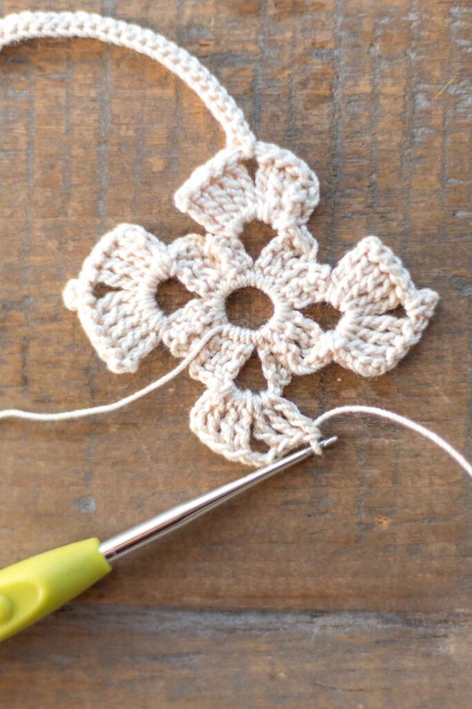row two of lower body of the cross bookmark with a total of 7 triple crochet stitches and 3 chain stitches in white crochet thread with hook at end of the row